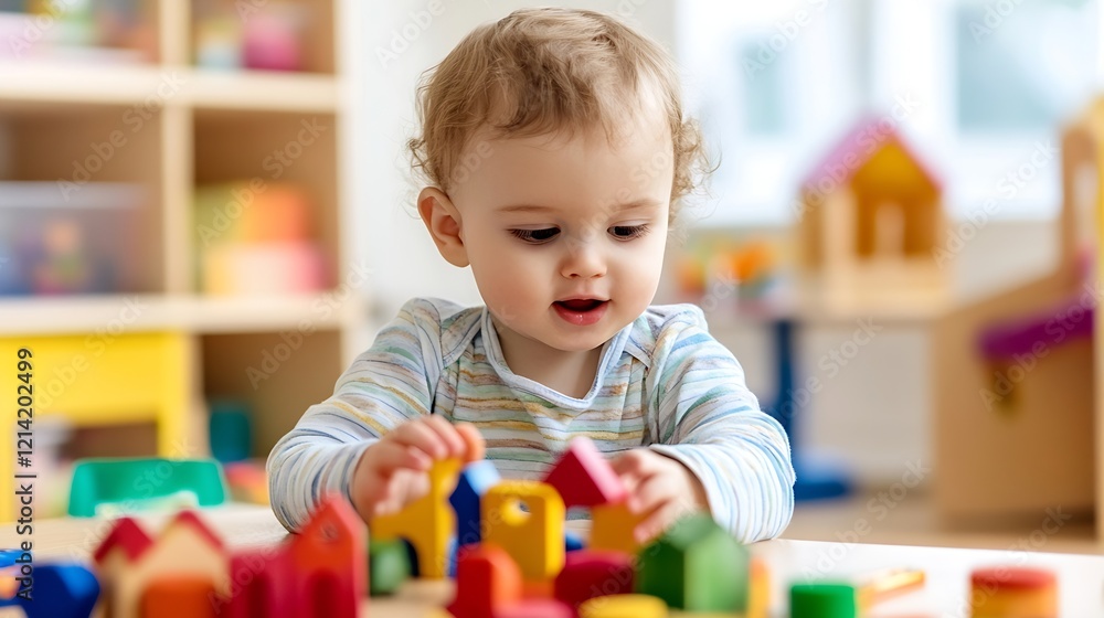 Fototapeta premium Baby playing with colorful wooden blocks in a playroom setting : Generative AI