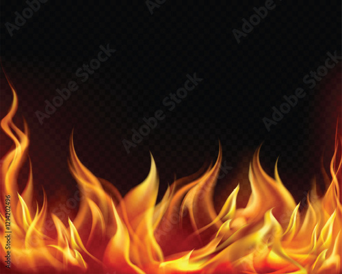 Realistic fire background. Flame overlay border, flaming frame with copy space and glow. 3D hot red bonfire. Vector fire illustration, burning banner, flare effect.