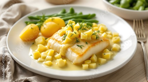 Cod with Egg Butter Sauce, Potatoes, and Dill (Norwegian Cuisine) photo