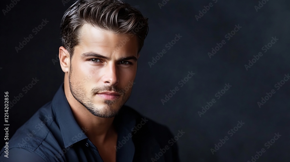 Striking portrait of a confident man in a black shirt with a dark backdrop : Generative AI Striking portrait of a confident man in a black shirt with a dark backdrop : Generative AI