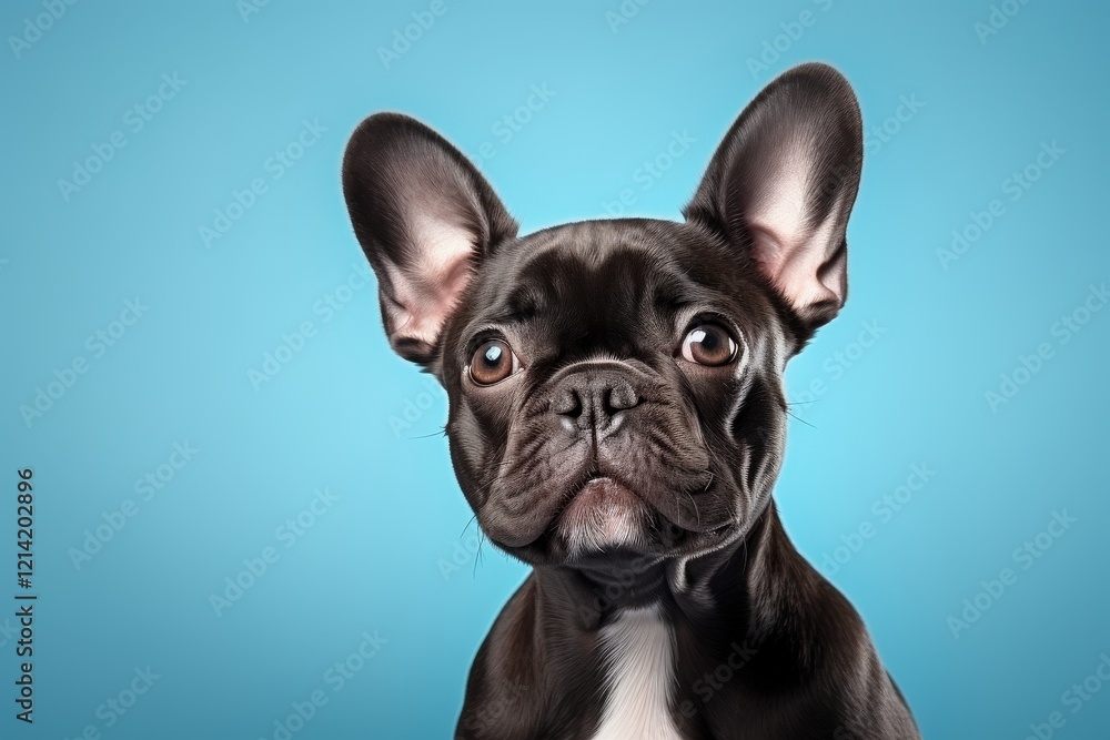Black French Bulldog on blue background for advertisement Black French Bulldog on blue background for advertisement