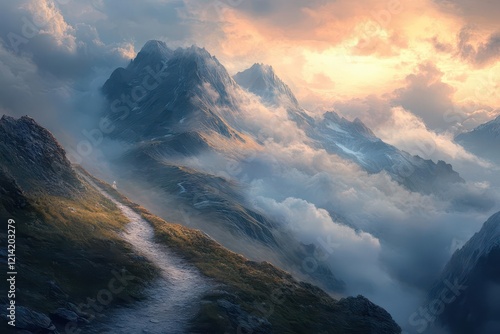 epic mountain vista with winding trail ascending through misty peaks, dramatic clouds catching golden sunrise light, creating an atmosphere of adventure photo