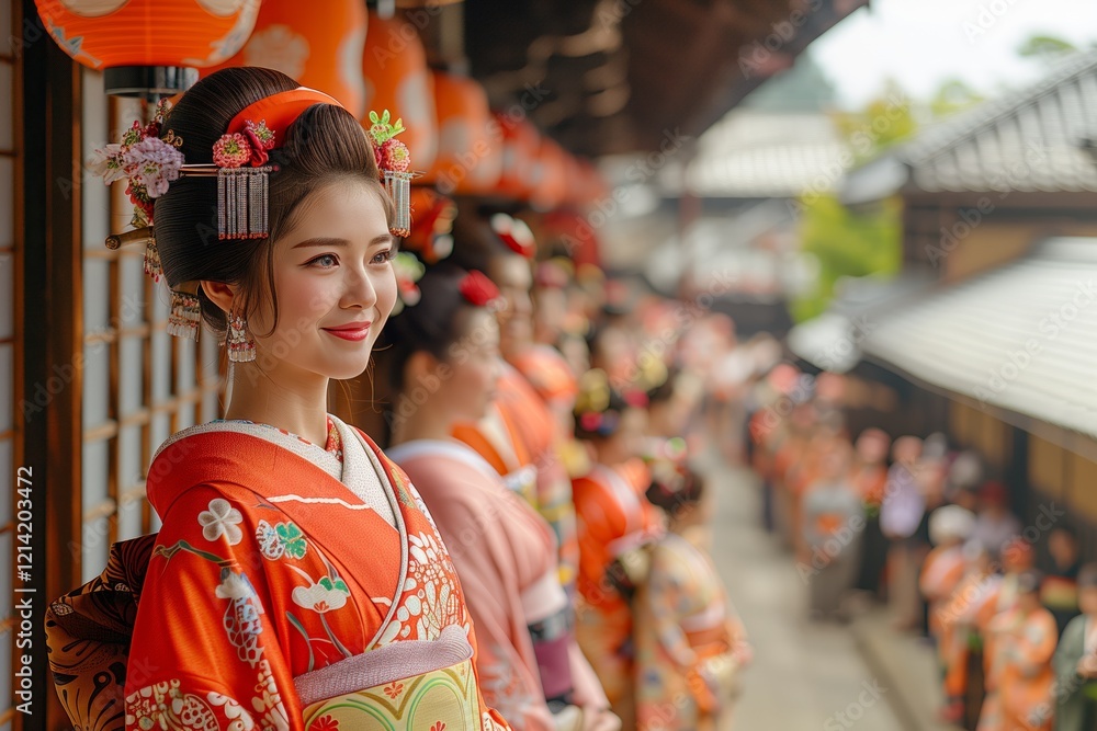 Woman in traditional Japanese kimono during a cultural event, adorned with intricate hair accessories and vibrant patterns, standing in a festive atmosphere surrounded by others in similar attire Woman in traditional Japanese kimono during a cultural event, adorned with intricate hair accessories and vibrant patterns, standing in a festive atmosphere surrounded by others in similar attire