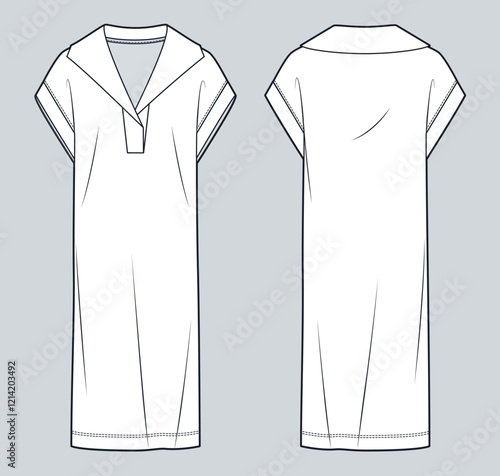 T-Shirt Dress technical fashion illustration. Jersey Dress fashion flat technical drawing template, sailor collar, v neck, midi length, relaxed fit, front and back view, white, women CAD mockup.