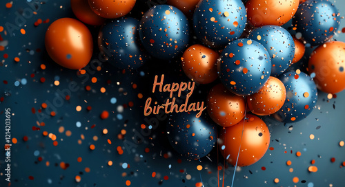 Vibrant birthday decor. Bright balloons in orange and blue with confetti create a festive atmosphere for a birthday celebration.