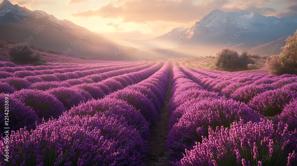 lavender flowers fields under soft sunlight with scenic mountain views lavender flowers fields under soft sunlight with scenic mountain views