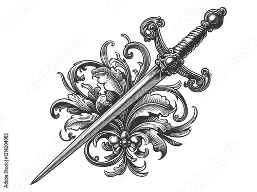sword adorned with intricate floral embellishments, combining strength and artistic beauty sketch engraving generative ai vector illustration. Scratch board imitation. Black and white image.