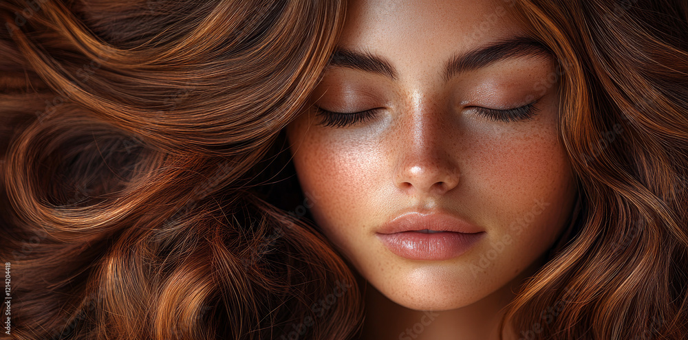 Obraz premium Young woman with long flowing hair. A young woman relaxes with her eyes closed, showcasing her long, wavy, chestnut hair in soft natural light.
