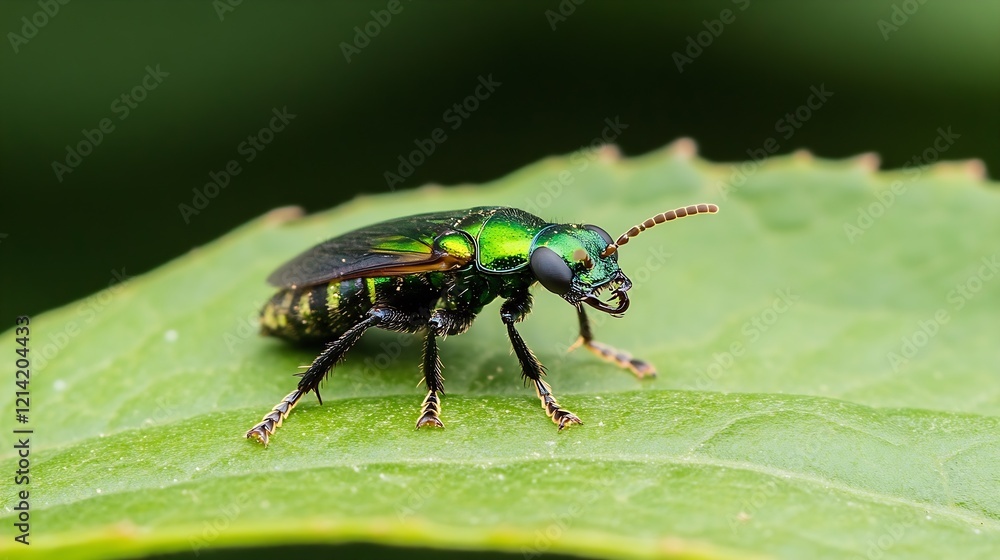 Closeup of JewelLike Metallic Green Beetle on Leaf in Natural Environment : Generative AI Closeup of JewelLike Metallic Green Beetle on Leaf in Natural Environment : Generative AI