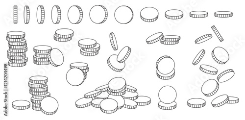 Doodle coins. Hand drawn flying and rotating line coin. Stacks and piles of coins. Money cash, investment and banking, business profit icons. Vector isolated linear set.