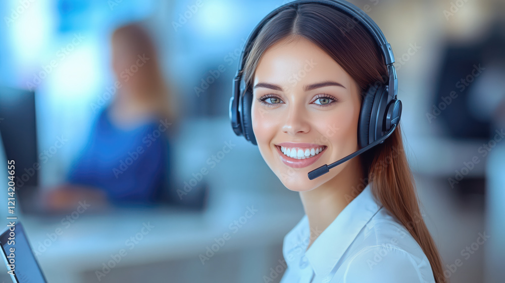 Smiling woman working in call center. Friendly smiling woman call center operator with headset using computer at office Smiling woman working in call center. Friendly smiling woman call center operator with headset using computer at office