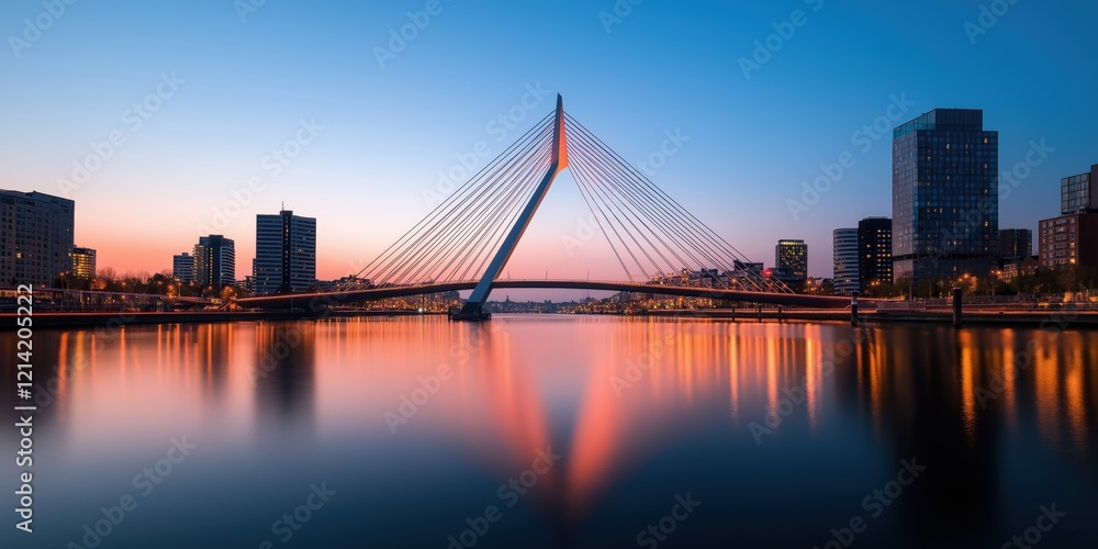 Fototapeta premium A stunning cityscape at dusk, featuring illuminated skyscrapers and a suspension bridge casting reflections on calm waters, symbolising progress and connection