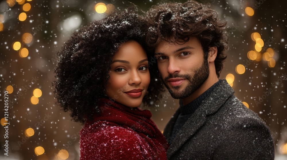 Romantic couple in winter snowfall with festive holiday lights Romantic couple in winter snowfall with festive holiday lights