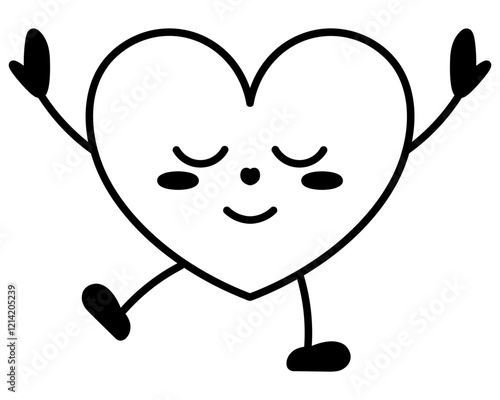 Heart character is daydreaming. Young man in the shape of a love symbol. Dreamy smile on his face, eyes closed, hands up, legs dancing. Sketch. Vector illustration.  Doodle style. 