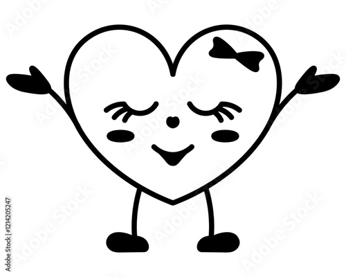 The character of the heart smiles dreamily. The lady in the shape of the symbol of love, fantasizing, closes her eyes, spreading her arms to the sides. Decoration of a bow, eyelashes. Sketch. Vector.