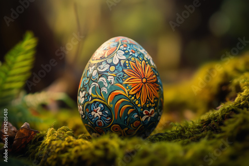 Hand-painted Easter egg rests on vibrant green moss in a serene outdoor setting during spring photo