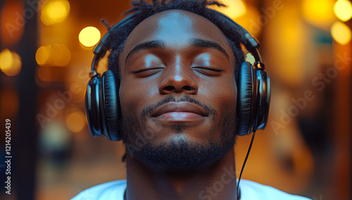 Music blissfully in a cafe. A young man listens to music while relaxing with closed eyes in a vibrant cafe with soft lighting. photo