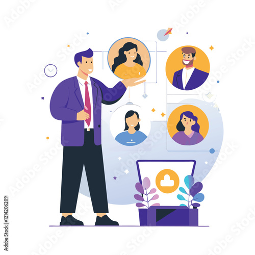 Business Leader Presenting Team Members in a Modern Flat Design