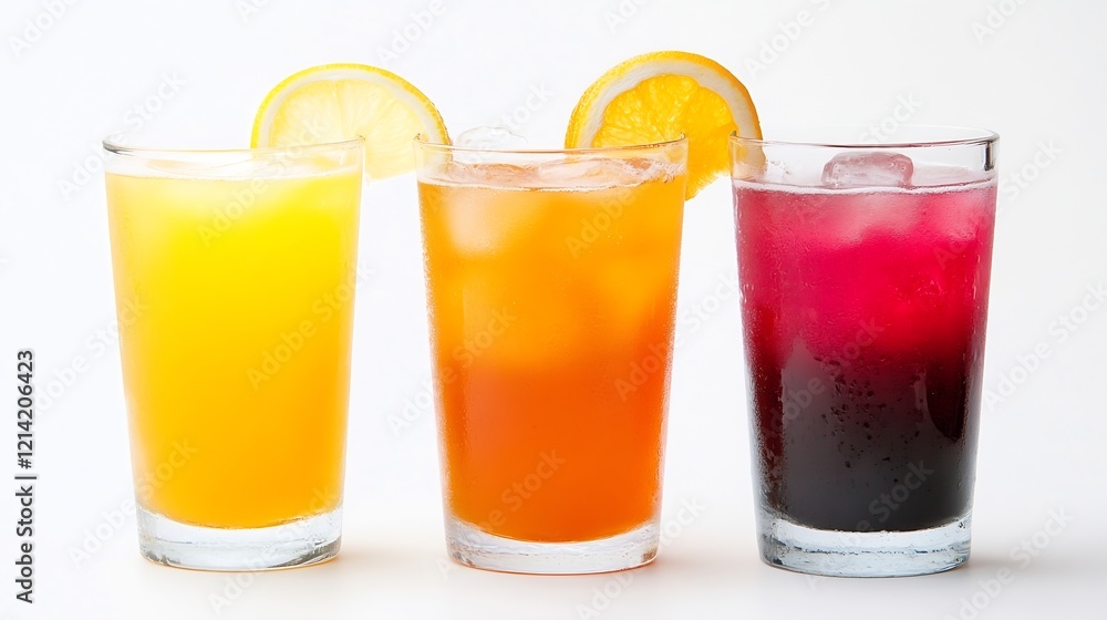 Refreshing Trio of Citrus and Berry Juices in Glasses with Ice : Generative AI Refreshing Trio of Citrus and Berry Juices in Glasses with Ice : Generative AI