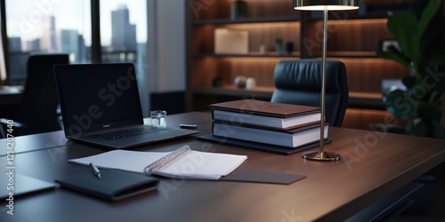 Wallpaper Mural An elegant office desk featuring neatly stacked legal documents, a luxurious leather notebook, and a high-end laptop, surrounded by warm ambient light Torontodigital.ca