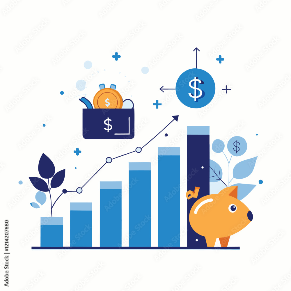 Fototapeta premium Financial growth chart with piggy bank and money illustrations