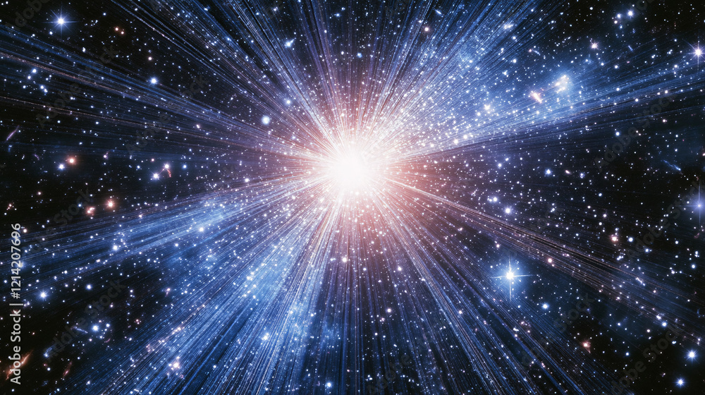 A mesmerizing starburst explosion in deep space with radiant blue and white light emanating from a central cosmic source
A mesmerizing starburst explosion in deep space with radiant blue and white light emanating from a central cosmic source
