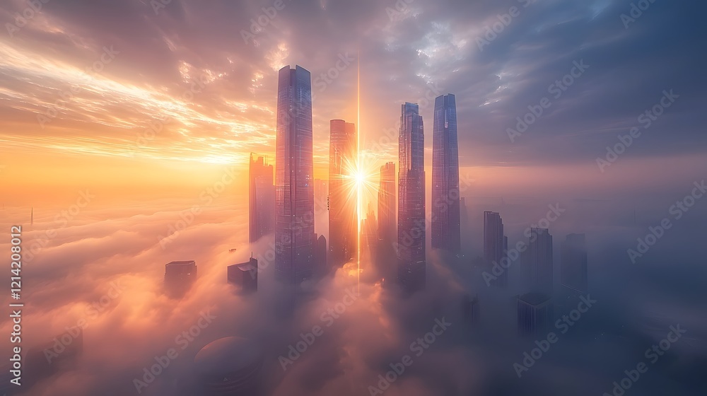 Fototapeta premium Futuristic Skyline of Towering Structures Emerging from Misty Fog at Sunset