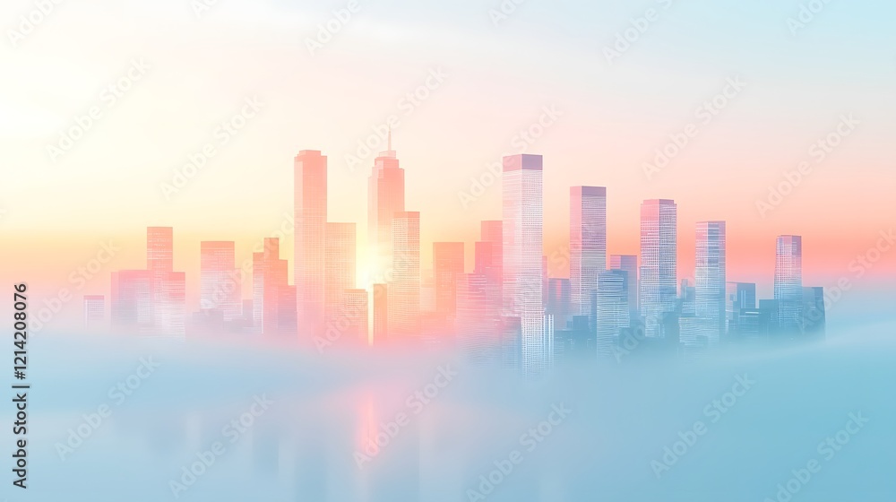 Glowing Urban Skyline with Layered Skyscrapers Fading into Soft White Mist Glowing Urban Skyline with Layered Skyscrapers Fading into Soft White Mist