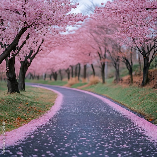 Pink cherry blossoms line a curving road, petals scattered on the path.