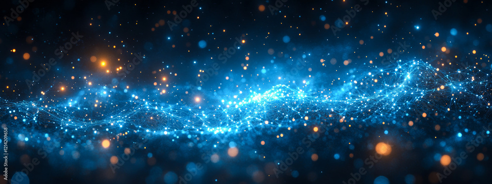 Blue cosmic energy in dark. Waves of bright blue light and golden orbs flow through a dark backdrop, resembling a cosmic phenomenon at night. Blue cosmic energy in dark. Waves of bright blue light and golden orbs flow through a dark backdrop, resembling a cosmic phenomenon at night.