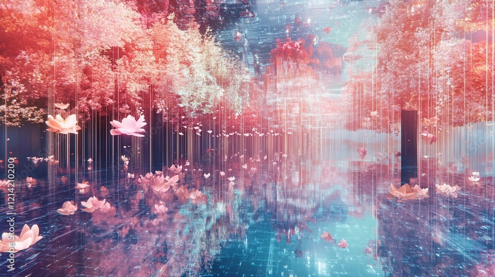 Obraz premium Surreal pink forest reflection, digital art, fantasy landscape, dreamy background, ideal for fantasy or dream themes