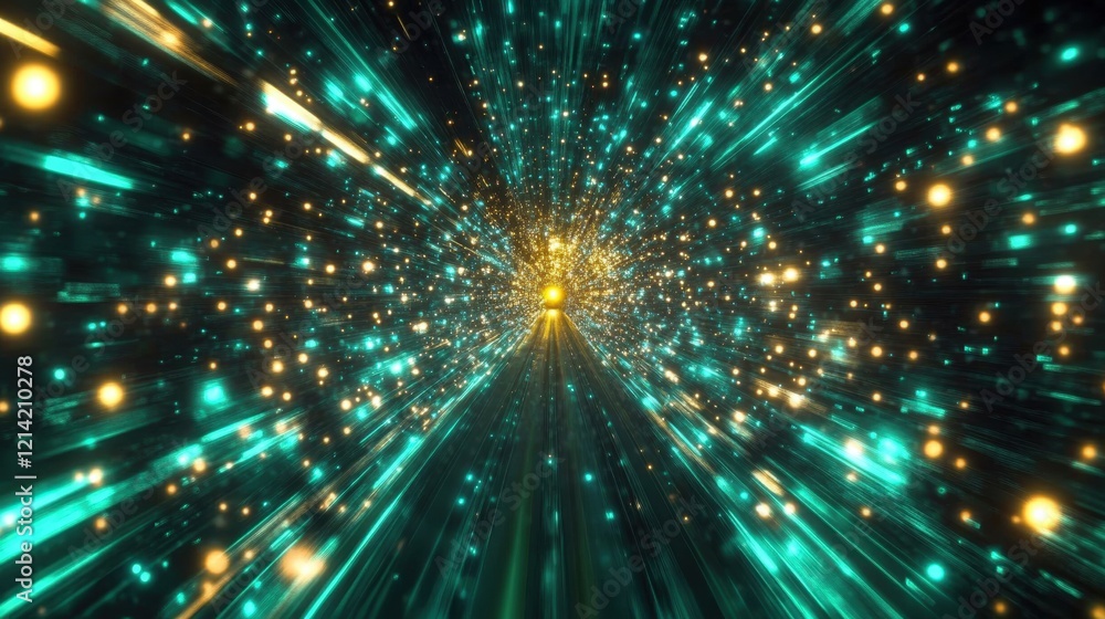 Fototapeta premium Dynamic Light Speed Tunnel with Blue and Gold Particles Effects