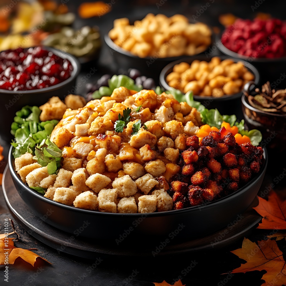 Thanksgiving leftover salad with stuffing, cranberry sauce, and sweet potatoes. Thanksgiving leftover salad with stuffing, cranberry sauce, and sweet potatoes.