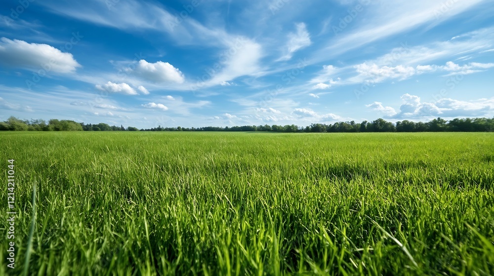 Vast Green Meadow Under a Clear Blue Sky with White Fluffy Clouds in Spring Vast Green Meadow Under a Clear Blue Sky with White Fluffy Clouds in Spring