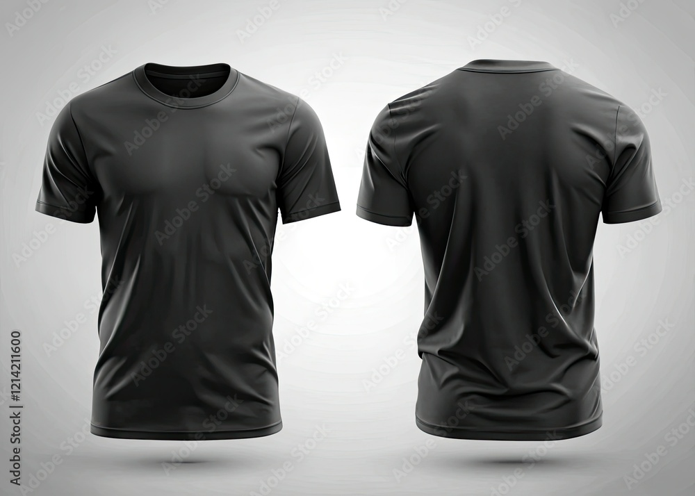 Photorealistic high-resolution black t-shirt mockup; front and back views, showcasing shining fabric, panoramic photography.