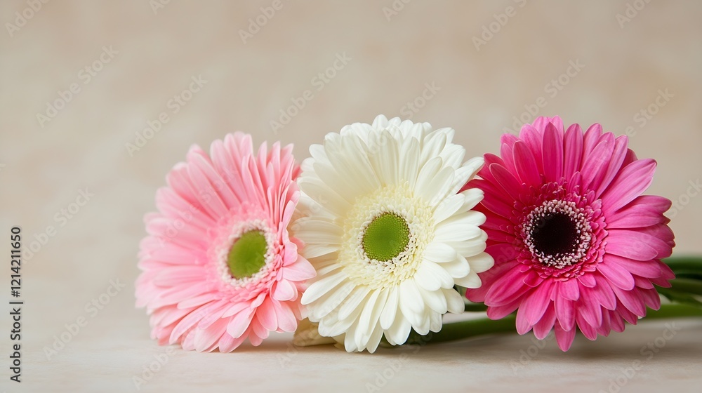 Vibrant Closeup of Three Colorful Gerbera Daisies on a Soft Background for Floral Decor Vibrant Closeup of Three Colorful Gerbera Daisies on a Soft Background for Floral Decor