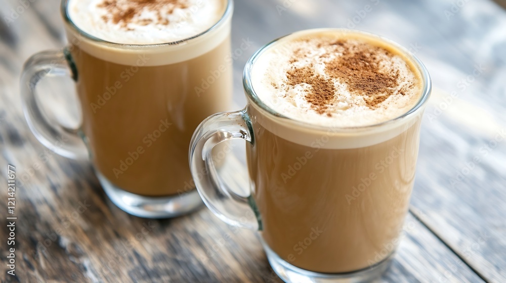 Steamy Cinnamon-Laced Lattes in Glass Mugs Enhance Cozy Rustic Vibe Steamy Cinnamon-Laced Lattes in Glass Mugs Enhance Cozy Rustic Vibe