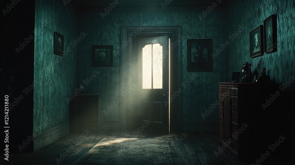 Open door with light going through it. Dark horror room Open door with light going through it. Dark horror room