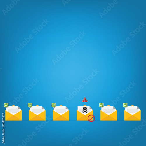 Email / envelope with black document and skull icon. Virus, malware, email fraud, e-mail spam, phishing scam, hacker attack concept. Vector illustration	