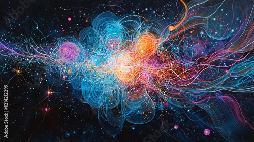 An abstract representation of a cosmic collision showing vibrant energy waves and particles in a mesmerizing interplay of light and color
