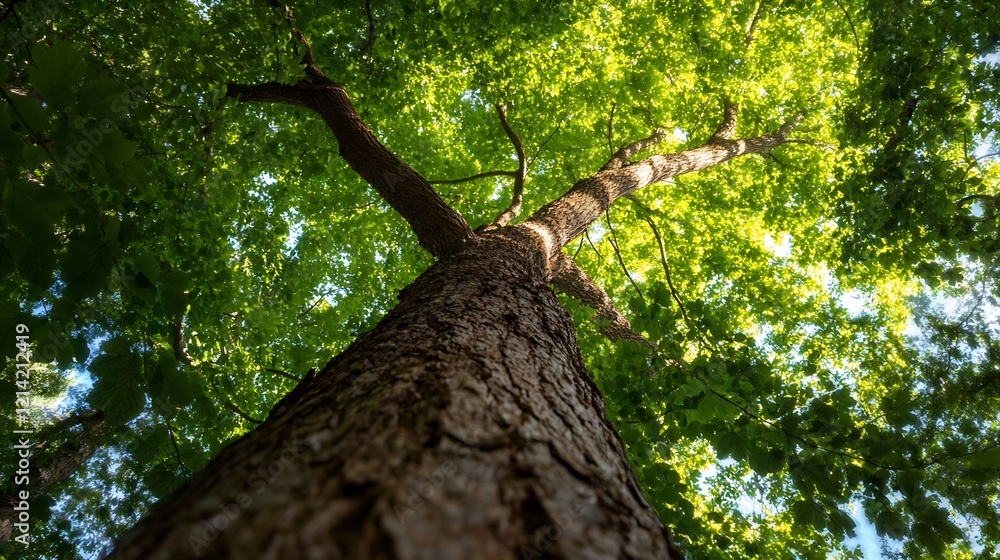 Fototapeta premium Majestic View Looking Upwards into Vibrant Canopy of Towering Tree in Sunlight