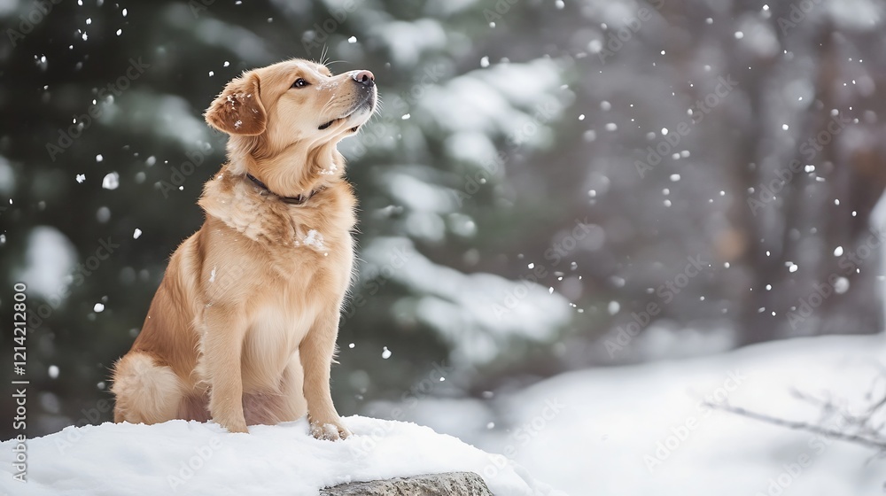 Golden Retriever Puppy Enjoying Snowfall in Scenic Winter Wonderland Forest Background Golden Retriever Puppy Enjoying Snowfall in Scenic Winter Wonderland Forest Background