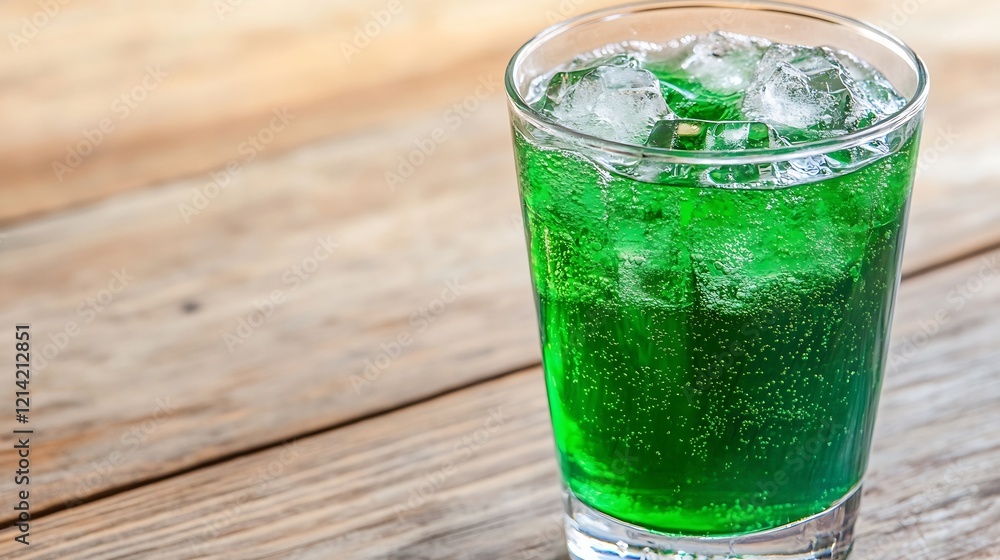 Vibrant Green Fizzy Soda in a Clear Glass on Rustic Wooden Tabletop Vibrant Green Fizzy Soda in a Clear Glass on Rustic Wooden Tabletop