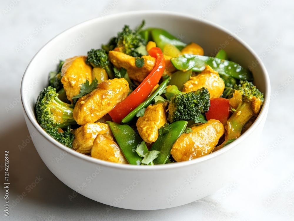 A hearty turmeric chicken stir-fry with broccoli, bell peppers, and snow peas, served in a minimalist white ceramic bowl A hearty turmeric chicken stir-fry with broccoli, bell peppers, and snow peas, served in a minimalist white ceramic bowl