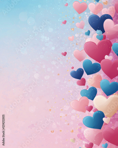 Colorful hearts on pastel gradient background with sparkles