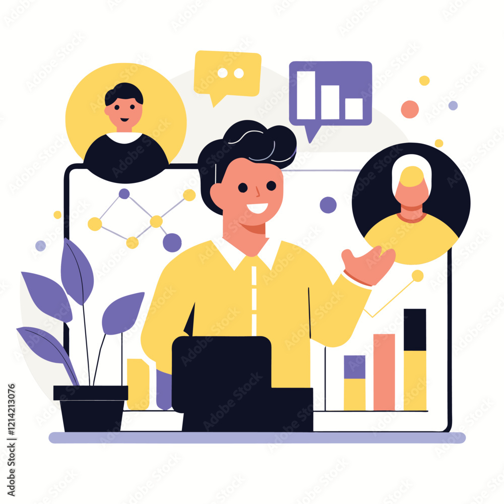 Smiling Businessman Leads Virtual Presentation with Data Driven Insights Smiling Businessman Leads Virtual Presentation with Data Driven Insights