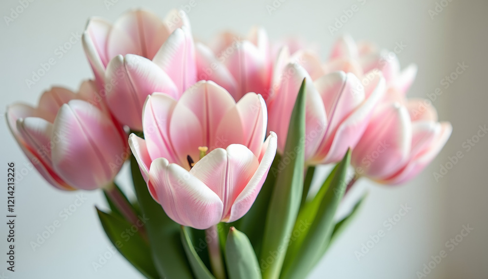 Elegant and soft tulip bouquet with pastel pink petals arranged delicately in a clear vase Elegant and soft tulip bouquet with pastel pink petals arranged delicately in a clear vase