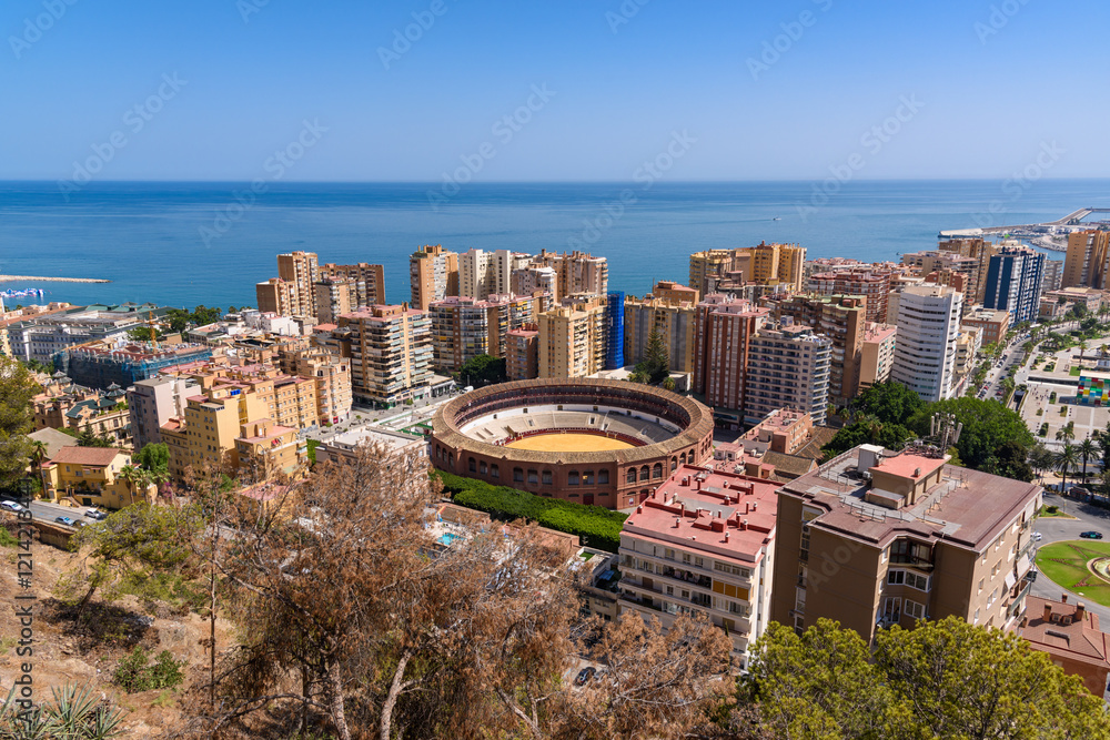 Malaga, Spain - August 06, 2024: Views of the city Malaga from the Gibralfaro Castle in the city of Malaga, Andalusia. Spain