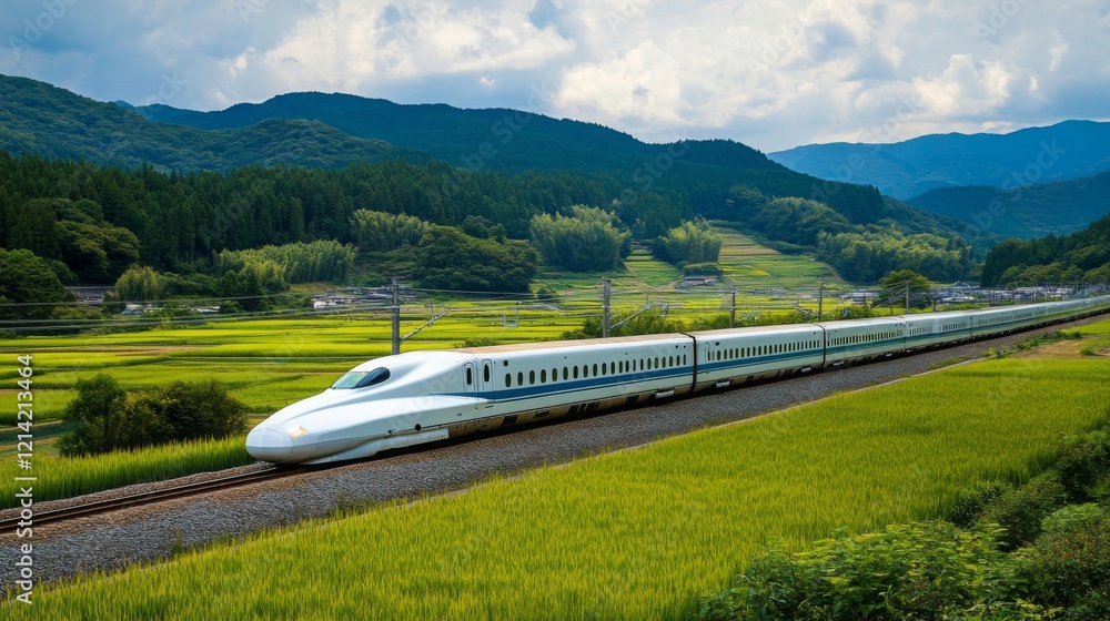 A sleek electric train speeds through vibrant green rice fields, surrounded by rolling hills and mountains. The serene landscape showcases agriculture and nature, under a bright sky. A sleek electric train speeds through vibrant green rice fields, surrounded by rolling hills and mountains. The serene landscape showcases agriculture and nature, under a bright sky.