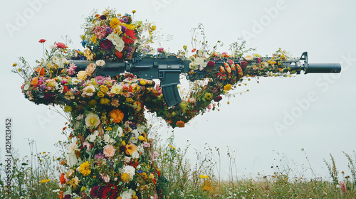 A soldier fully camouflaged in vibrant flowers aims a rifle in an open field blending nature and war in a surreal and artistic composition  
 photo